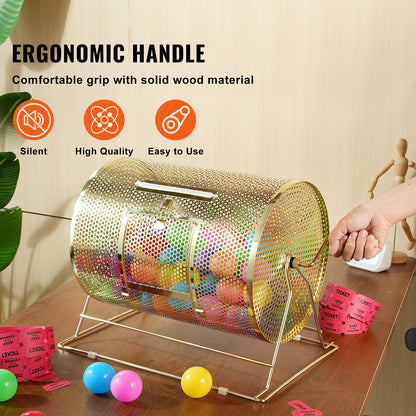 Raffle Drum, 16.1 x Ø12 inch Brass Plated Raffle Ticket Spinning Cage, Holds 5000 Tickets or 200 Ping Pong Balls, Metal Lottery Spinning Drawing with Wooden Turning Handle, for Bingo Ballot Part