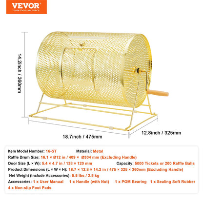 Raffle Drum, 16.1 x Ø12 inch Brass Plated Raffle Ticket Spinning Cage, Holds 5000 Tickets or 200 Ping Pong Balls, Metal Lottery Spinning Drawing with Wooden Turning Handle, for Bingo Ballot Part