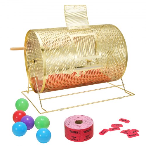 Raffle Drum, 14.8 x Ø21.26 inch Brass Plated Raffle Ticket Spinning Cage, Holds 10000 Tickets or 300 Ping Pong Balls, Metal Lottery Spinning Drawing with Wooden Turning Handle, for Bingo Ballot