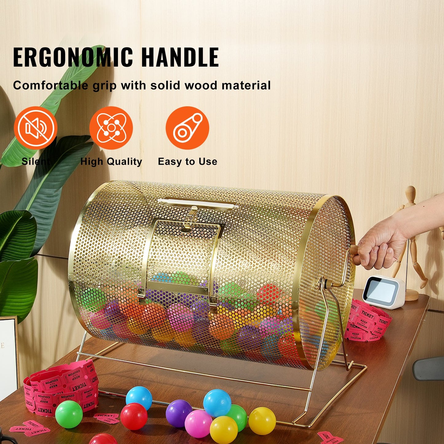 Raffle Drum, 14.8 x Ø21.26 inch Brass Plated Raffle Ticket Spinning Cage, Holds 10000 Tickets or 300 Ping Pong Balls, Metal Lottery Spinning Drawing with Wooden Turning Handle, for Bingo Ballot