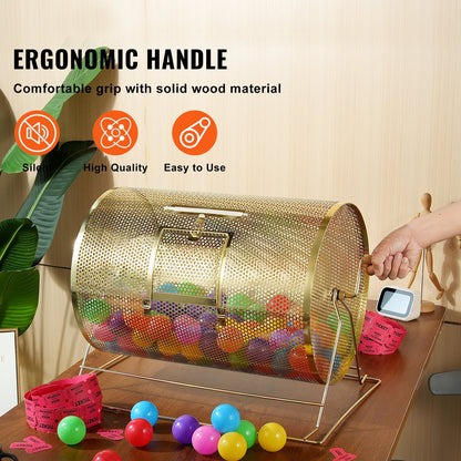 Raffle Drum, 14.8 x Ø21.26 inch Brass Plated Raffle Ticket Spinning Cage, Holds 10000 Tickets or 300 Ping Pong Balls, Metal Lottery Spinning Drawing with Wooden Turning Handle, for Bingo Ballot