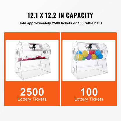 Acrylic Raffle Drum, Holds 2500 Tickets or 100 Raffle Balls, Professional Raffle Ticket Spinning Cage with 2 Keys, Transparent Lottery Spinning Drawing, Raffle Ticket Box for Lottery Games Bingo