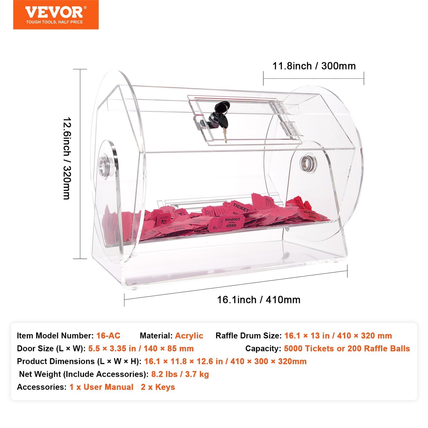 Acrylic Raffle Drum, Holds 5000 Tickets or 200 Raffle Balls, Professional Raffle Ticket Spinning Cage with 2 Keys, Transparent Lottery Spinning Drawing, Raffle Ticket Box for Lottery Games Bingo