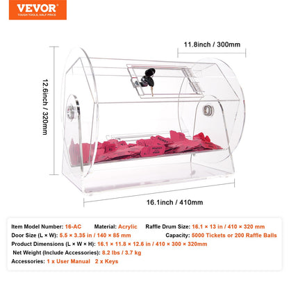 Acrylic Raffle Drum, Holds 5000 Tickets or 200 Raffle Balls, Professional Raffle Ticket Spinning Cage with 2 Keys, Transparent Lottery Spinning Drawing, Raffle Ticket Box for Lottery Games Bingo