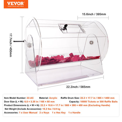 Acrylic Raffle Drum, Holds 10000 Tickets or 300 Raffle Balls, Professional Raffle Ticket Spinning Cage with 2 Keys, Transparent Lottery Spinning Drawing, Raffle Ticket Box for Lottery Games Bing