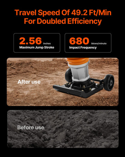 Jumping Jack-komprimator, 6,5 hk vibrationsstamp, bränsledriven 196 cc motorstamp, 3600 lbs slagkraft, 26" max komprimeringsdjup, för jord, grus, fundament, betongplattor och fundament