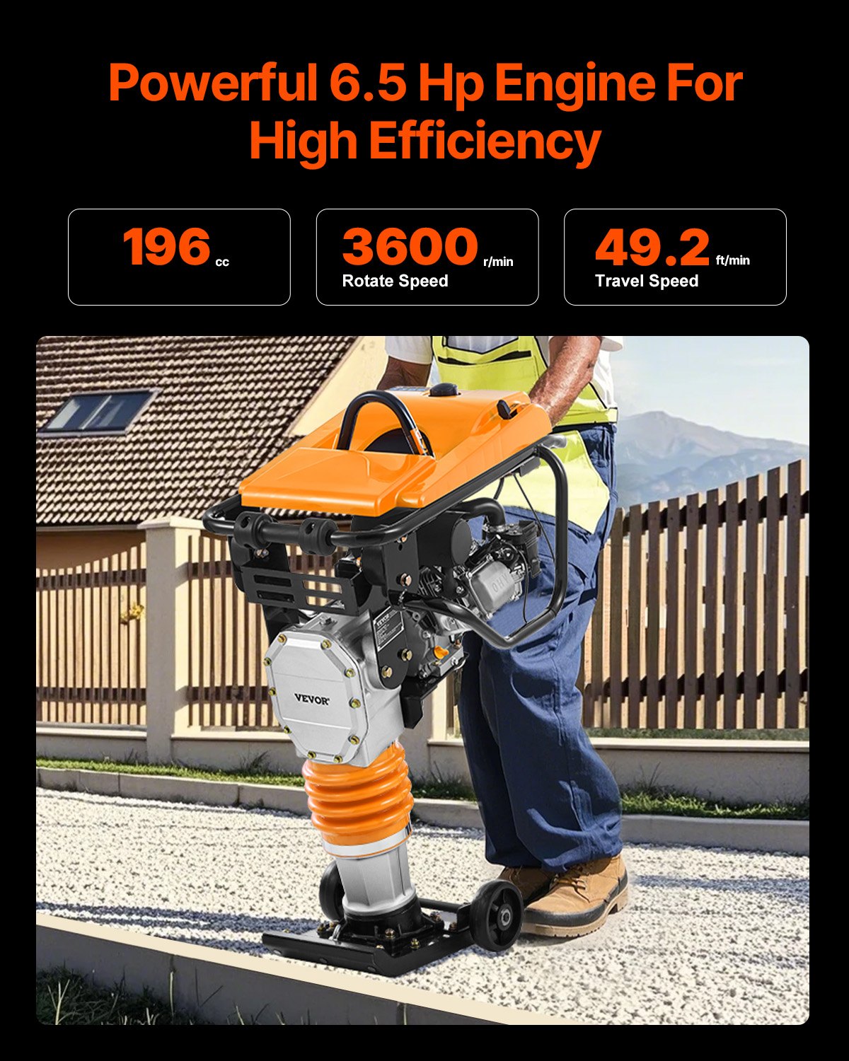 Jumping Jack-komprimator, 6,5 hk vibrationsstamp, bränsledriven 196 cc motorstamp, 3600 lbs slagkraft, 26" max komprimeringsdjup, för jord, grus, fundament, betongplattor och fundament