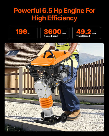 Jumping Jack-komprimator, 6,5 hk vibrationsstamp, bränsledriven 196 cc motorstamp, 3600 lbs slagkraft, 26" max komprimeringsdjup, för jord, grus, fundament, betongplattor och fundament