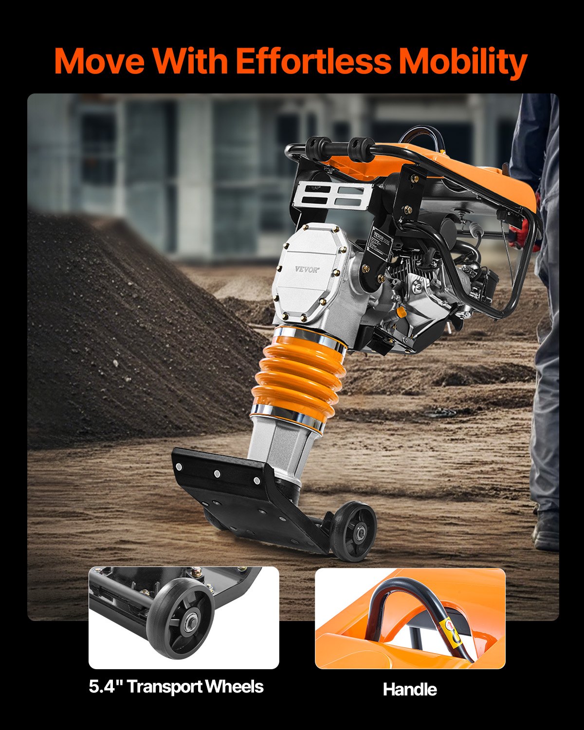 Jumping Jack-komprimator, 6,5 hk vibrationsstamp, bränsledriven 196 cc motorstamp, 3600 lbs slagkraft, 26" max komprimeringsdjup, för jord, grus, fundament, betongplattor och fundament