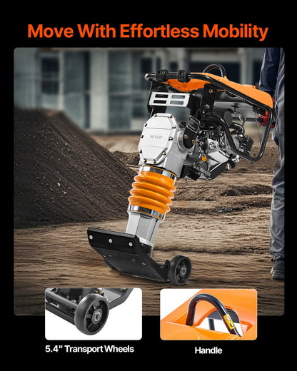 Jumping Jack-komprimator, 6,5 hk vibrationsstamp, bränsledriven 196 cc motorstamp, 3600 lbs slagkraft, 26" max komprimeringsdjup, för jord, grus, fundament, betongplattor och fundament