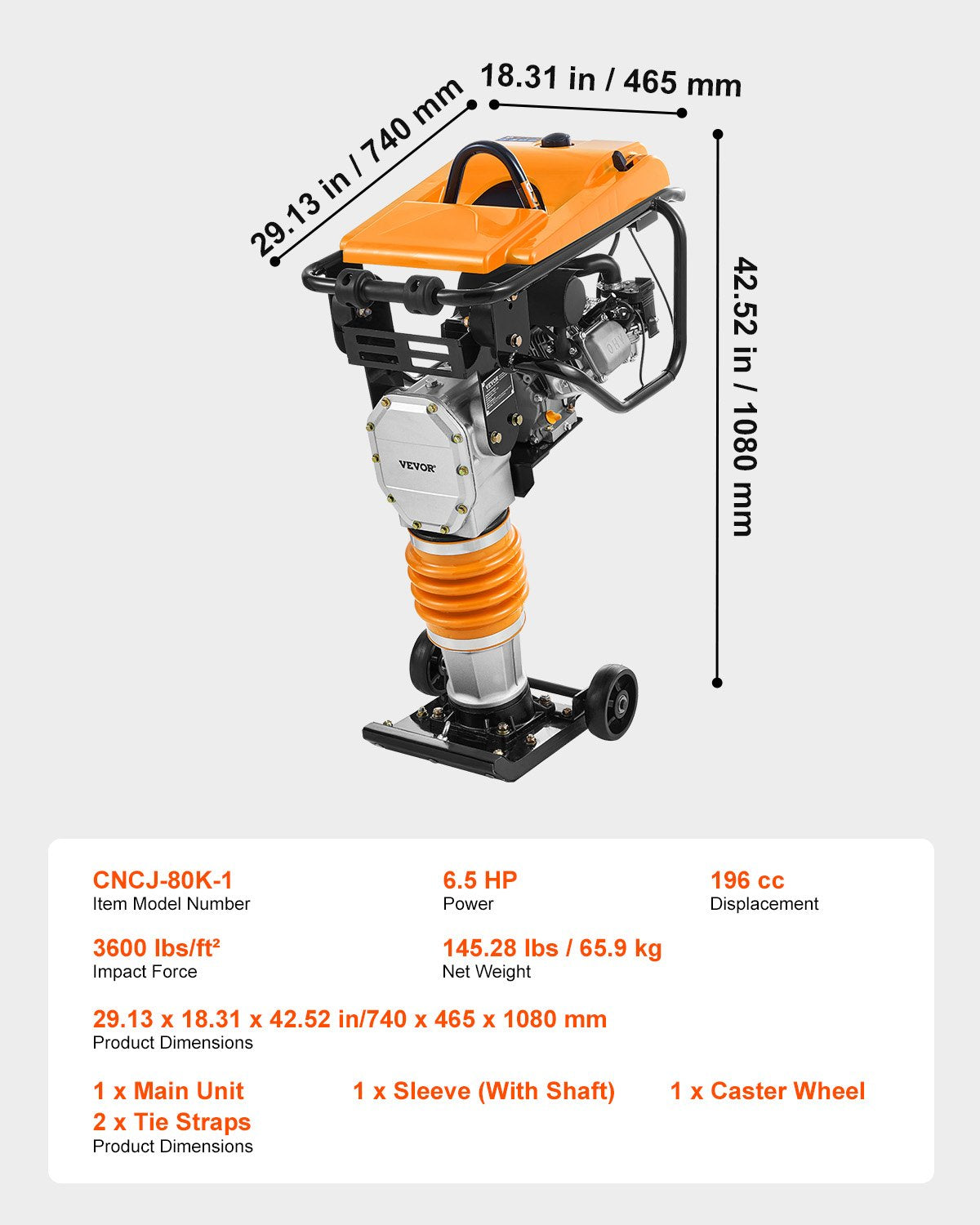 Jumping Jack-komprimator, 6,5 hk vibrationsstamp, bränsledriven 196 cc motorstamp, 3600 lbs slagkraft, 26" max komprimeringsdjup, för jord, grus, fundament, betongplattor och fundament
