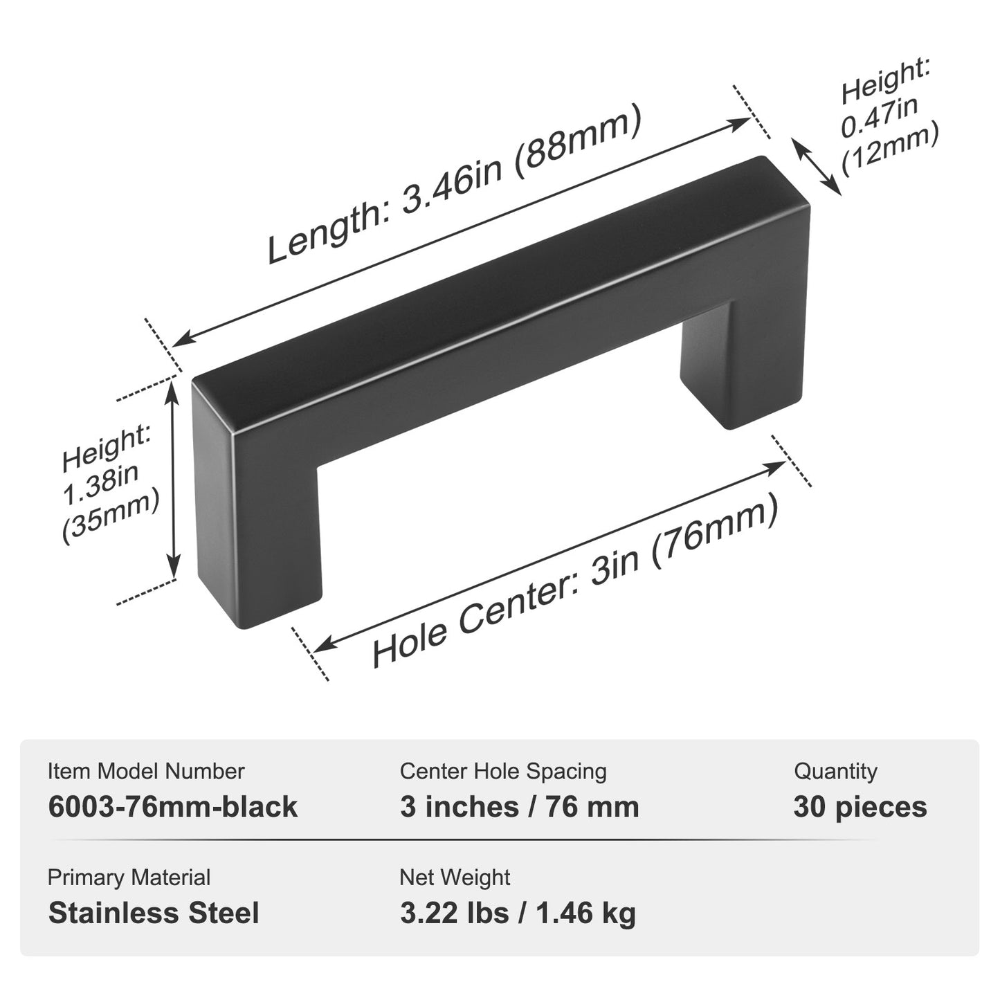 30-pack skåphandtag, 76 mm smala fyrkantiga köksskåpshandtag i rostfritt stål, moderna köksskåpsdörrhandtag för kök, badrum, barbeslag, mattsvart