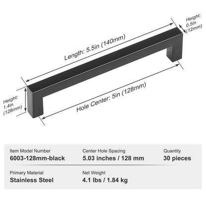 30-pack skåphandtag, 5,03 tum / 128 mm centrum-till-centrum smala fyrkantiga köksskåpslåda, moderna köksskåpsdörrhandtag i rostfritt stål för kök, badrum, barbeslag mattsvart