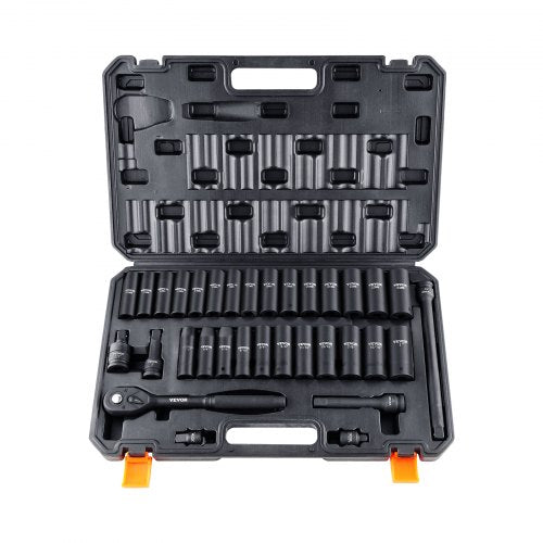 1/2" Drive Impact Socket Set, 33 Piece Socket Set SAE 3/8"-1" and Metric 10-24mm, 6 Point Cr-V Alloy Steel for Auto Repair, Easy-to-Read Size Markings, Rugged Construction, Includes Storage Case