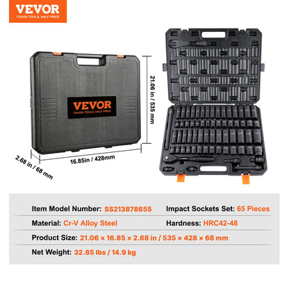 1/2" Drive Impact Socket Set, 65 Piece Socket Set SAE 3/8" to 1-1/4" and Metric 10-24mm, 6 Point Cr-V Alloy Steel for Auto Repair, Rugged Construction, Easy-to-Read Size Markings, Storage Case
