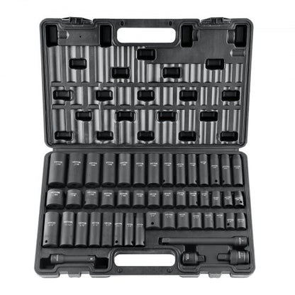 3/8" Drive Impact Socket Set, 48 Piece Socket Set SAE （5/16" -3/4"） & Metric （8-22mm）6 Point Cr-V Drive Extension Bar Universal Joint & Power Drill Adapter Includes Storage Case