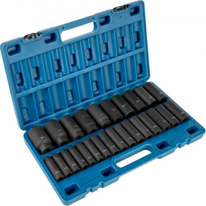 Krafthylsnyckelsats, 1/2" 26-delars krafthylsor, djup hylsa, 6-punktshylsor, 1/2-tums hylsnyckelsats, slagmetrisk 10 mm - 36 mm, robust Cr-V-konstruktion, med förvaringsbur