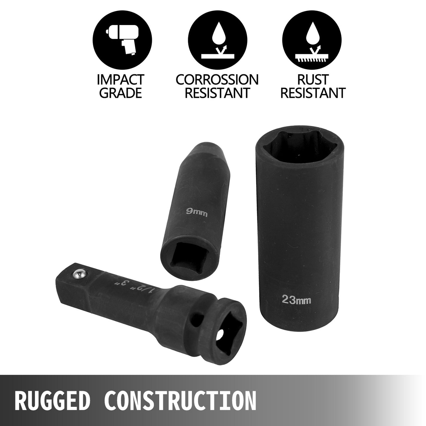 Krafthylsnyckelsats 1/2 tum 43-delars krafthylsnyckel, standardhylssortiment, hylsnyckelsats med 1/2 tums infästning 6-punktshylsor metrisk 9-30 mm (standard/djup)