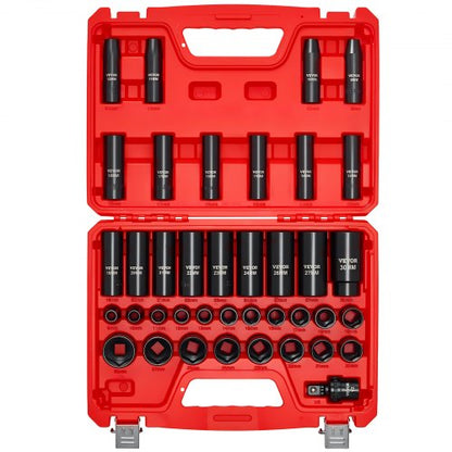 1/2 in Drive Impact Socket Set, 39 Piece, 6 Point Deep & Shallow Impact Sockets, Metric 9 to 30 mm, Cr-V Steel High Durability, with Universal Joint, Dual Size Markings, Heavy Duty Carrying Case