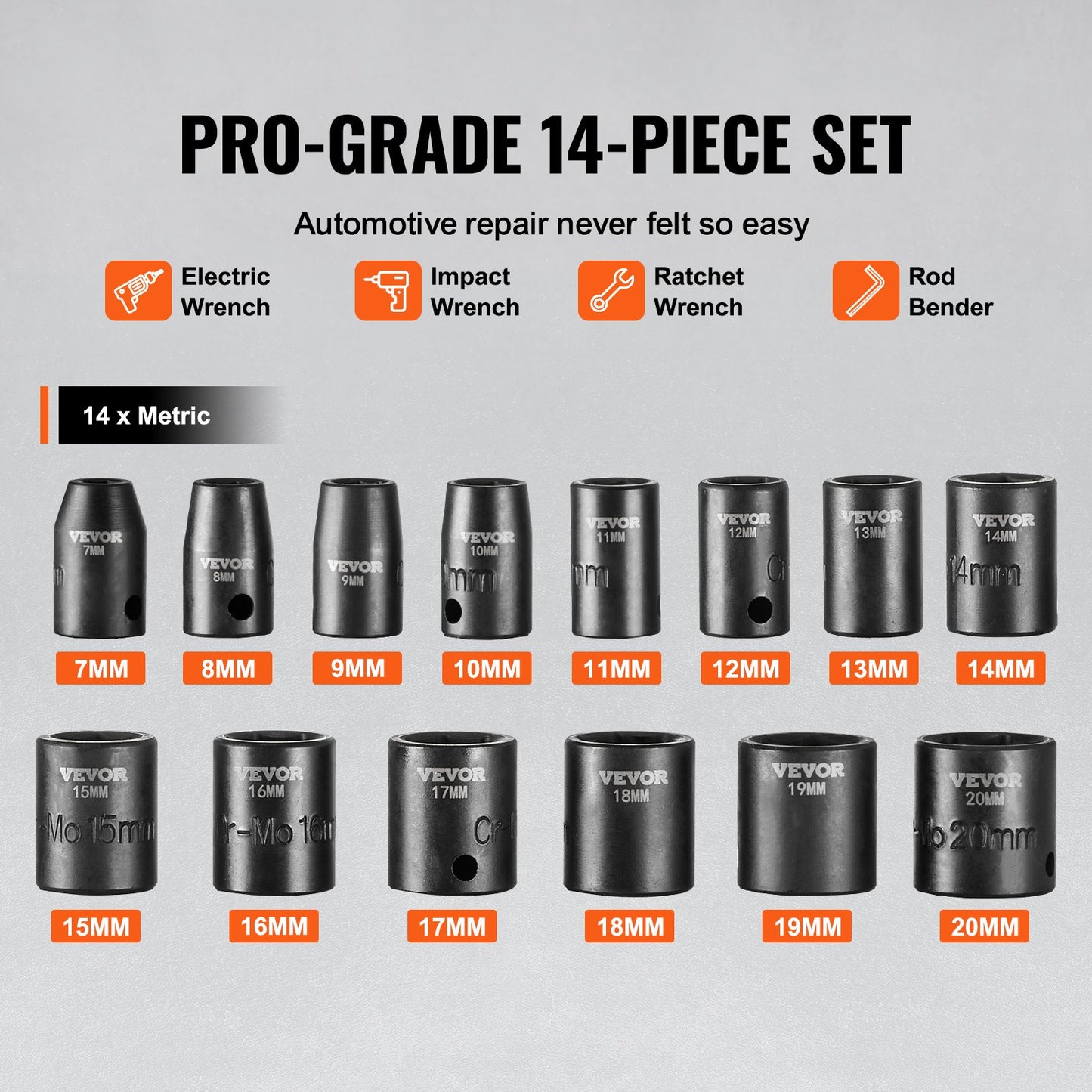 3/8" Drive Impact Socket Set, 14 Piece Shallow Socket Set Metric 7-20mm, 6 Point Cr-Mo Alloy Steel for Auto Repair, Easy-to-Read Size Markings, Rugged Construction, Includes Storage Case