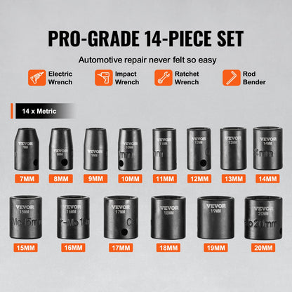 3/8" Drive Impact Socket Set, 14 Piece Shallow Socket Set Metric 7-20mm, 6 Point Cr-Mo Alloy Steel for Auto Repair, Easy-to-Read Size Markings, Rugged Construction, Includes Storage Case