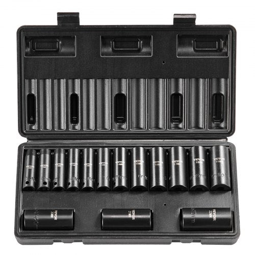 3/8" Drive Impact Socket Set, 15 Piece Deep Socket Set Metric 8-22mm, 6 Point Cr-Mo Alloy Steel for Auto Repair, Easy-to-Read Size Markings, Rugged Construction, Includes Storage Case