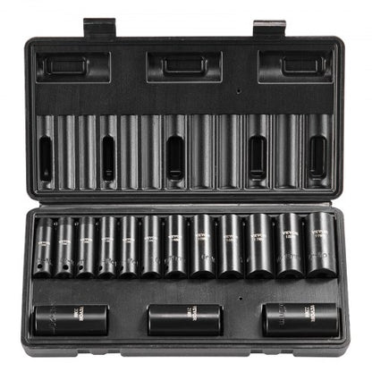 3/8" Drive Impact Socket Set, 15 Piece Deep Socket Set Metric 8-22mm, 6 Point Cr-Mo Alloy Steel for Auto Repair, Easy-to-Read Size Markings, Rugged Construction, Includes Storage Case