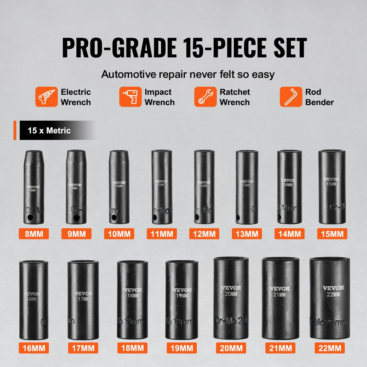 3/8" Drive Impact Socket Set, 15 Piece Deep Socket Set Metric 8-22mm, 6 Point Cr-Mo Alloy Steel for Auto Repair, Easy-to-Read Size Markings, Rugged Construction, Includes Storage Case