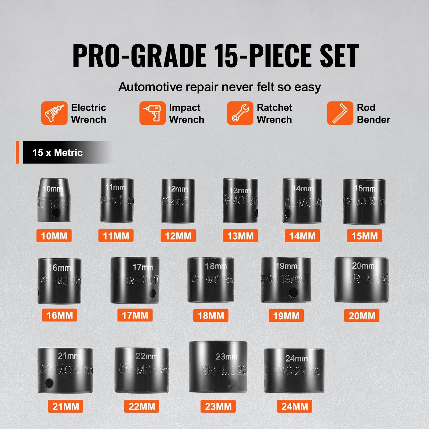 3/8" slaghylsnyckelsats, 15-delars ultrakort hylsnyckelsats metrisk 10-24 mm, 6-kantig Cr-Mo-legerat stål för bilreparationer, lättlästa storleksmarkeringar, robust konstruktion, hylsnyckelorganisatör