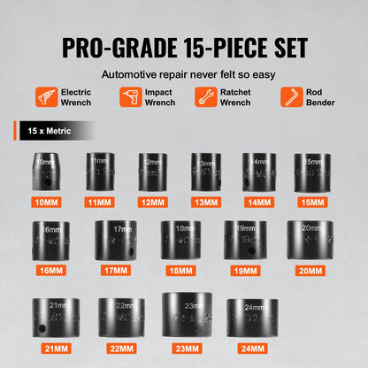 3/8" slaghylsnyckelsats, 15-delars ultrakort hylsnyckelsats metrisk 10-24 mm, 6-kantig Cr-Mo-legerat stål för bilreparationer, lättlästa storleksmarkeringar, robust konstruktion, hylsnyckelorganisatör