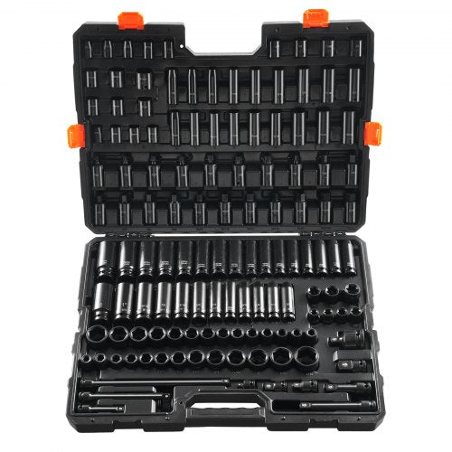 Impact Socket Set 130 Piece 3/8" & 1/2" - SAE & Metric Drive Socket Set - 6 Point Cr-Mo Alloy Steel for Auto Repair - Easy-to-Read Size Markings - Includes Storage Case