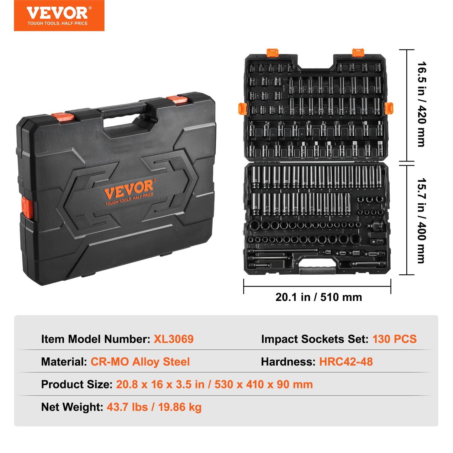 Impact Socket Set 130 Piece 3/8" & 1/2" - SAE & Metric Drive Socket Set - 6 Point Cr-Mo Alloy Steel for Auto Repair - Easy-to-Read Size Markings - Includes Storage Case