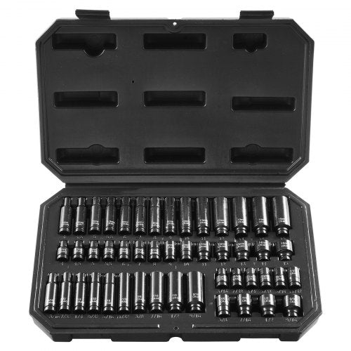 1/4" slaghylsnyckelsats, 48 ​​delar djup och grund hylsnyckelsats SAE 3/16"-9/16" och metrisk 4-15 mm, 6-kantig Cr-Mo-legerat stål för bilreparationer, lättlästa storleksmarkeringar, förvaringsväska