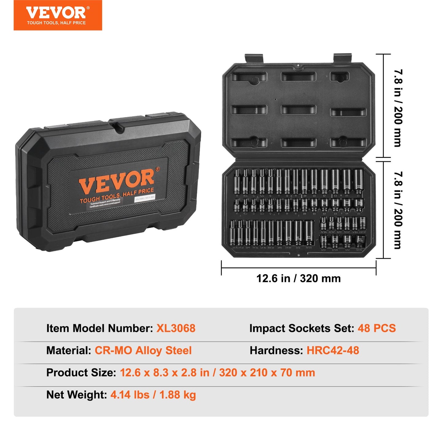 1/4" slaghylsnyckelsats, 48 ​​delar djup och grund hylsnyckelsats SAE 3/16"-9/16" och metrisk 4-15 mm, 6-kantig Cr-Mo-legerat stål för bilreparationer, lättlästa storleksmarkeringar, förvaringsväska