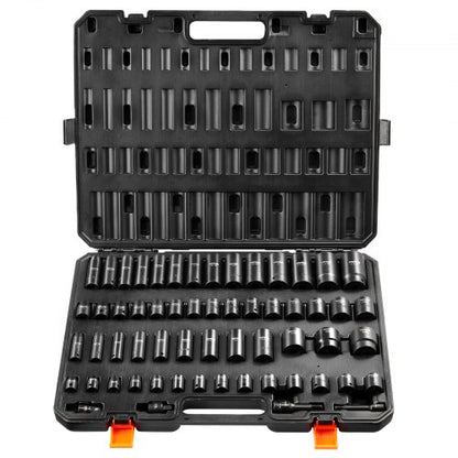3/8" & 1/2" Drive Impact Socket Set, 59PCS Socket Set SAE 5/16" to 1-1/4" and Metric 6-32mm, 6 Point Cr-Mo Alloy Steel for Auto Repair, Easy-to-Read Markings, Rugged Construction, Storage Case