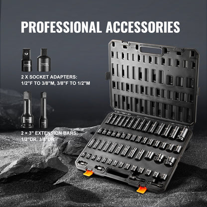 3/8" & 1/2" Drive Impact Socket Set, 59PCS Socket Set SAE 5/16" to 1-1/4" and Metric 6-32mm, 6 Point Cr-Mo Alloy Steel for Auto Repair, Easy-to-Read Markings, Rugged Construction, Storage Case