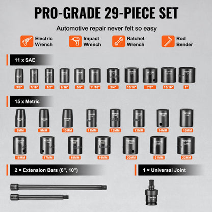 3/8" Drive Impact Socket Set, 29 Piece Shallow Socket Set SAE 3/8"-1" and Metric 8-22mm, 6 Point CR-MO Alloy Steel for Auto Repair, Easy-to-Read Size Markings, Rugged Construction, Storage Case