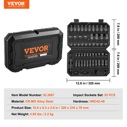 1/4" Drive Impact Socket Set, 55 Piece Deep & Shallow Socket Set SAE 5/32"-9/16" and Metric 4-15mm, 6 Point CR-V Alloy Steel for Auto Repair, Easy-to-Read Size Markings, Storage Case