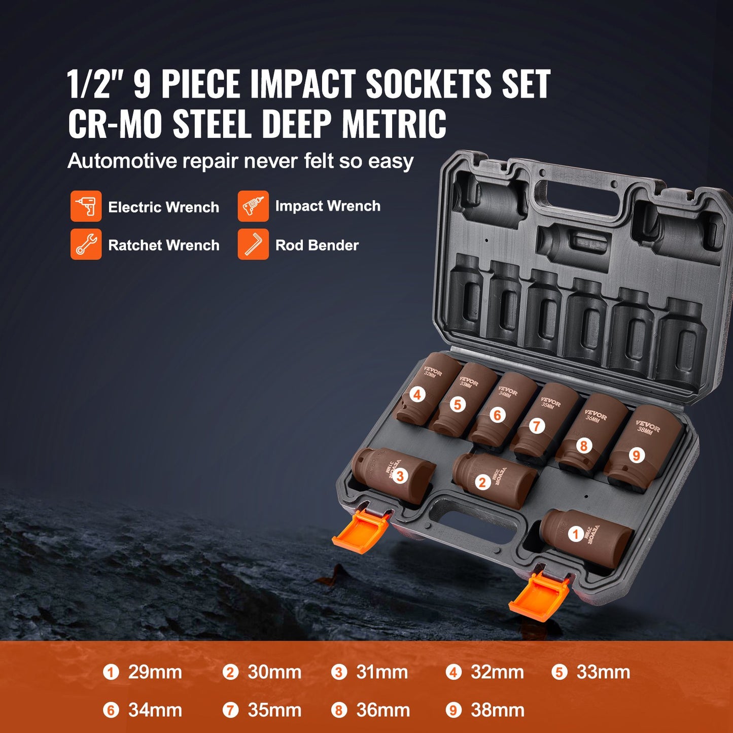 1/2" Drive Impact Socket Set, 9 Piece Deep Socket Set Metric 29-38mm, 6 Point Cr-Mo Alloy Steel for Auto Repair, Easy-to-Read Size Markings, Rugged Construction, Includes Storage Case