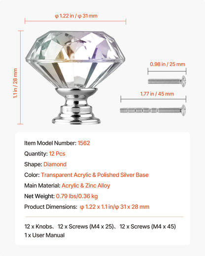 Cabinet Knobs, 12 Pack, 31 mm Acrylic & Zinc Alloy Drawer Pulls Door Handles, Diamond Kitchen Solid Knobs Dresser Handles, Cupboard Hardware with Screws for Bathroom Closet Cabinets Drawers