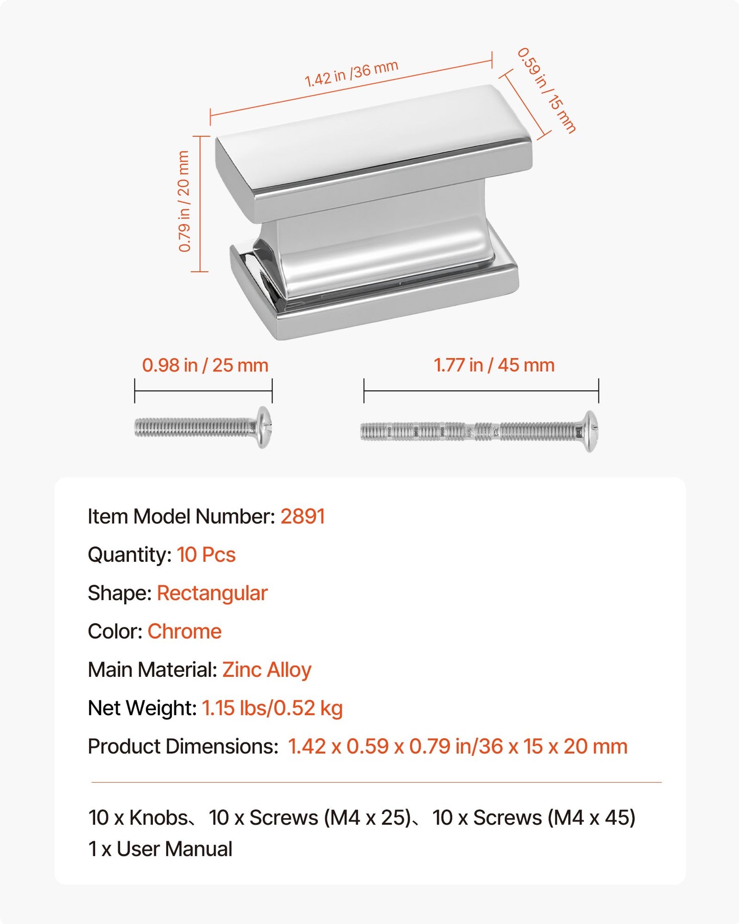 Cabinet Knobs, 10 Pack, 36 mm Zinc Alloy Drawer Pulls Door Handles, Rectangular Kitchen Dresser Solid Knobs, Cupboard Hardware with Screws for Bathroom Closet Cabinets Drawers, Chrome Color