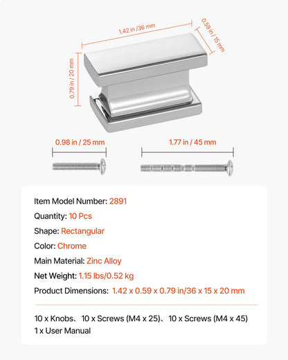 Cabinet Knobs, 10 Pack, 36 mm Zinc Alloy Drawer Pulls Door Handles, Rectangular Kitchen Dresser Solid Knobs, Cupboard Hardware with Screws for Bathroom Closet Cabinets Drawers, Chrome Color