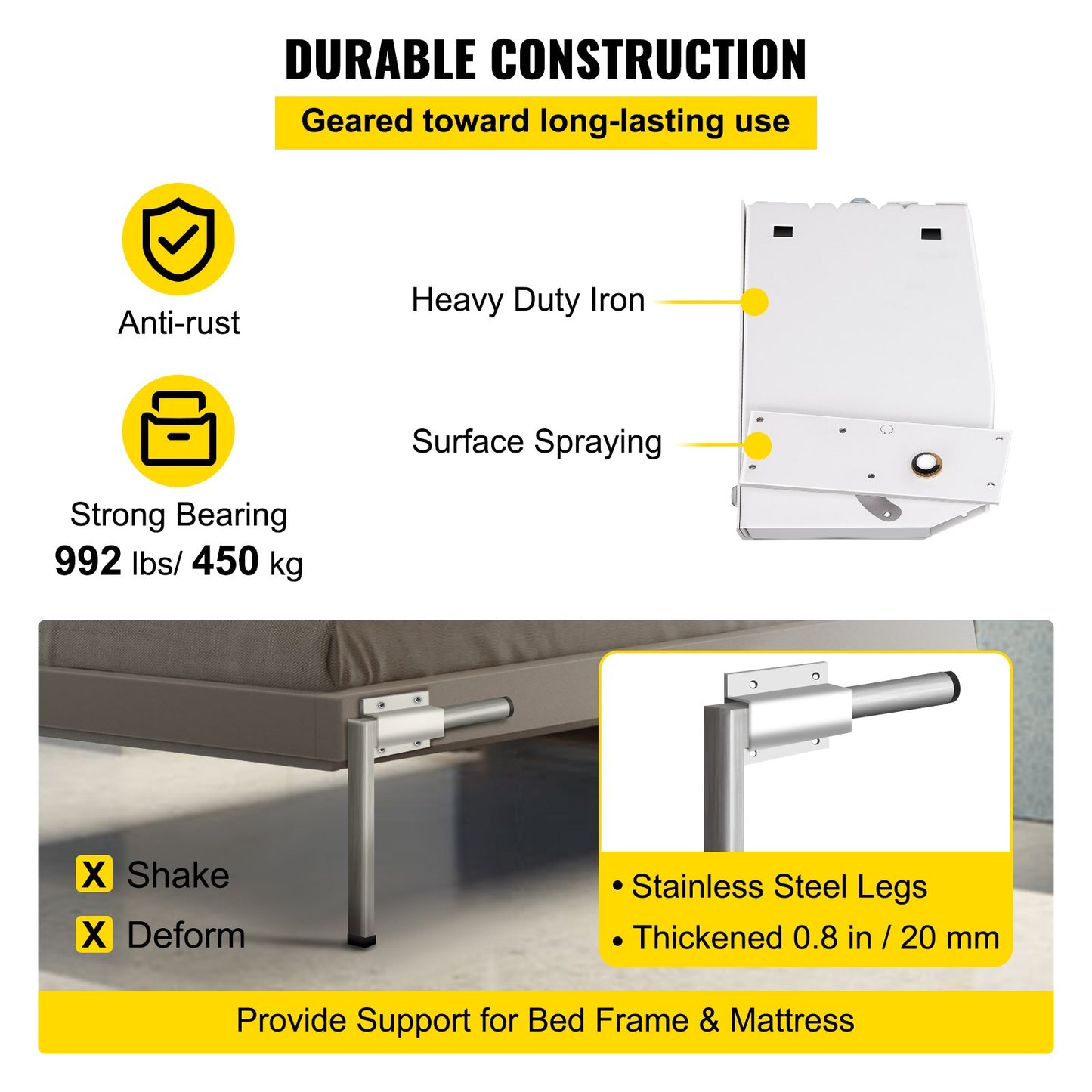 Murphy Mounting Wall Springs Mechanism Heavy Duty Support Hardware DIY Kit for King Queen Bed (Vertical), White