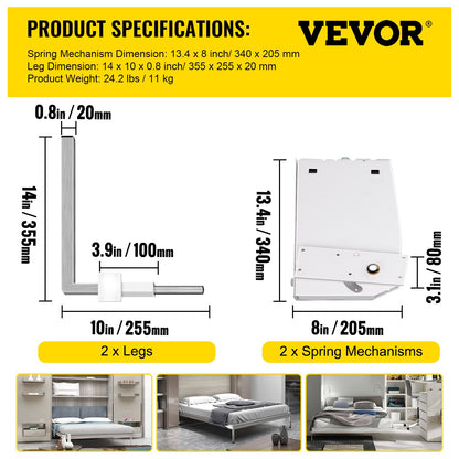 Murphy Mounting Wall Springs Mechanism Heavy Duty Support Hardware DIY Kit for King Queen Bed (Vertical), White