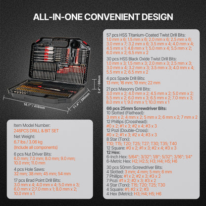 Drill Bit Set, 246 Pieces Drill and Driver Bit Set, Screwdriver Bit Set Suitable for Wood Metal Cement Drilling and Screw Driving, Drill Bit Sets Combo Kit Assorted in Organized Carrying Case