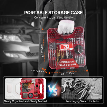 Borrsats, 70 delar borr- och skruvmejselsats, skruvmejselsats lämplig för trä, metall, cement, borrning och skruvdragning, borrsats kombinationskit blandade i organiserad bärväska