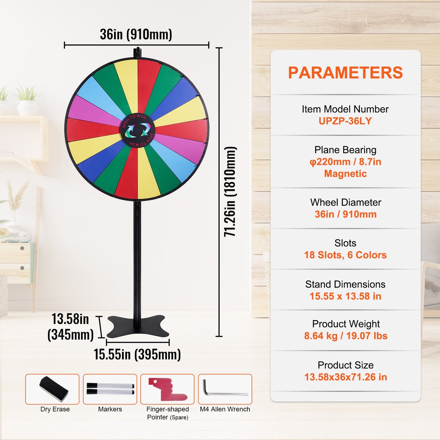 36 inch Spinning Prize Wheel, 18 Slots Spinning Wheel, Roulette Wheel with a Dry Erase and 2 Markers, Tabletop or Floor Standing Win Fortune Spin Games in Party Pub Trade Show Carnival