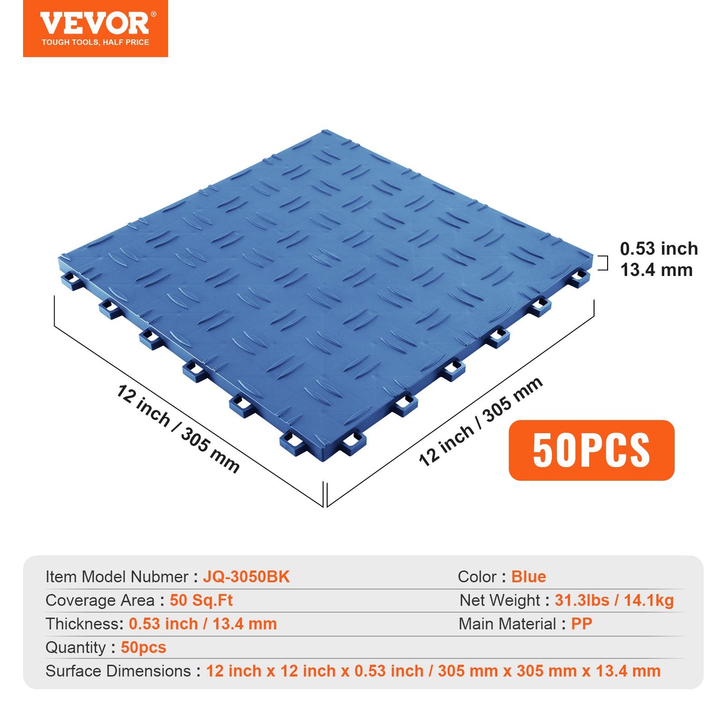 Garage Tiles Interlocking, 12 x 12 x 0.53 inch 50 Pack Garage Floor Covering Tiles, Non-Slip Double-Sided Texture Garage Flooring Tiles, for Garages, Basements, Repair Shops, Blue
