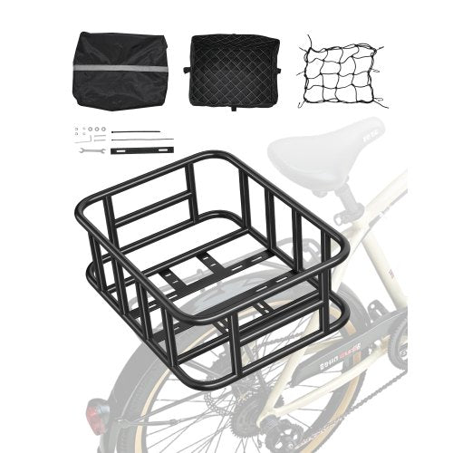 Rear Bike Basket, Medium Bicycle Basket with Cargo Net, Liner & Waterproof Cover, Heavy Duty Bike Back Basket for Adult Women/Men Carrying Dogs, Pets, Fruit & Grocery, Mounting Tools Included