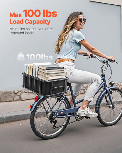 Rear Bike Basket, Medium Bicycle Basket with Cargo Net, Liner & Waterproof Cover, Heavy Duty Bike Back Basket for Adult Women/Men Carrying Dogs, Pets, Fruit & Grocery, Mounting Tools Included